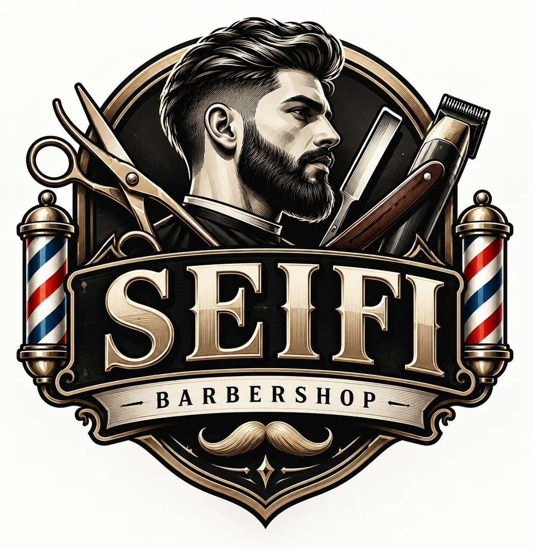 Seifi Barbershop logo met klassieke kapperssymbolen en gouden details